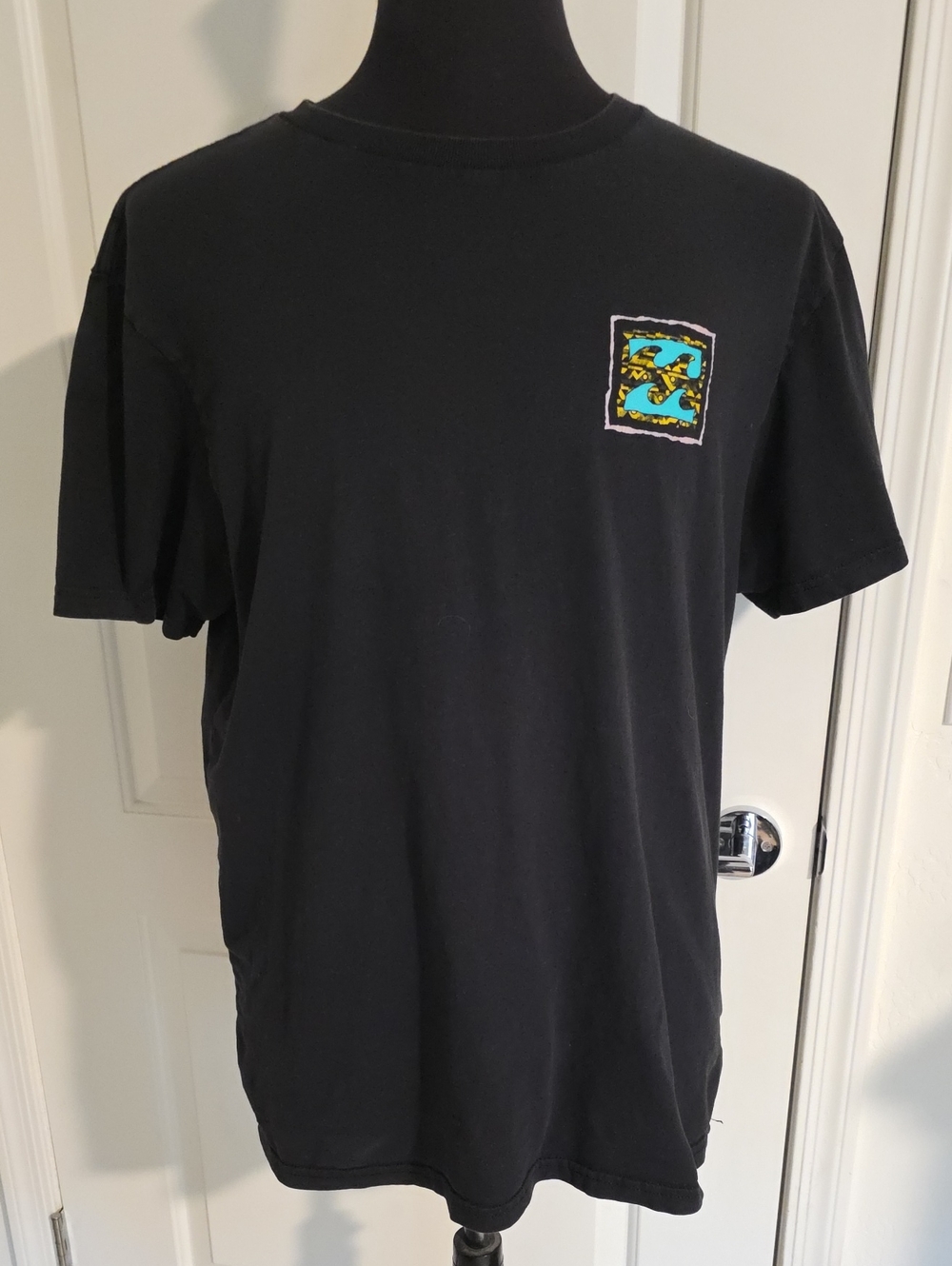 Billabong Black Short Sleeve Tee with Colorful Chest and Back Graphics